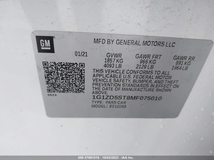 2021 CHEVROLET MALIBU LT - 1G1ZD5ST8MF075010