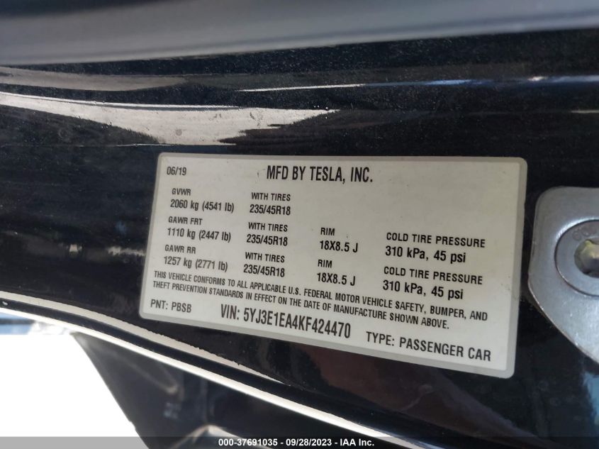 2019 TESLA MODEL 3 RANGE - 5YJ3E1EA4KF424470