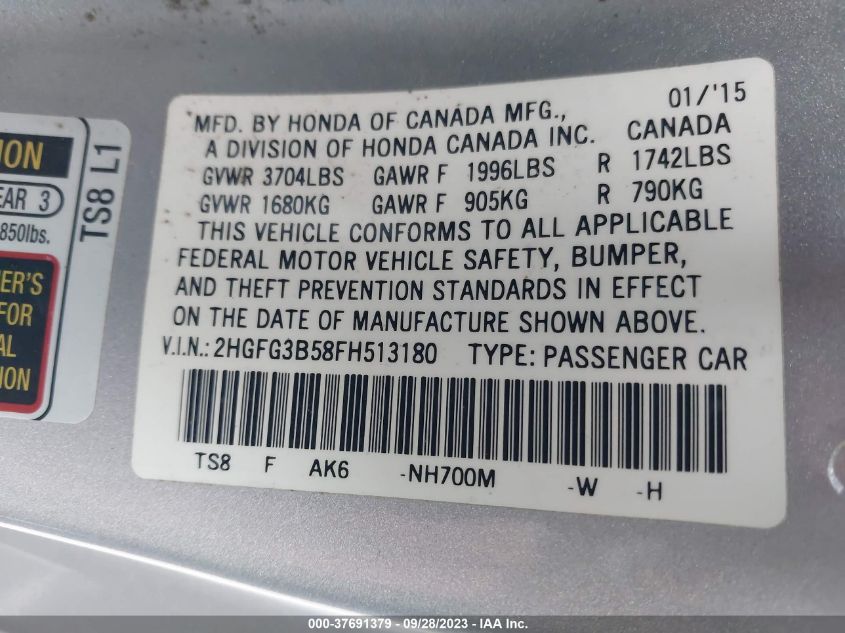 2015 HONDA CIVIC COUPE LX 2HGFG3B58FH513180
