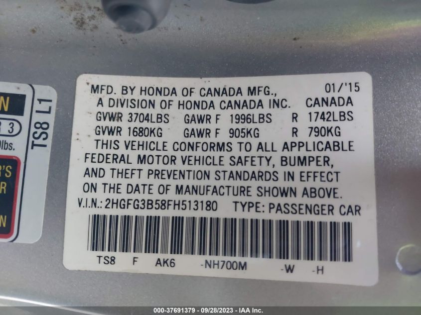 2015 HONDA CIVIC COUPE LX 2HGFG3B58FH513180