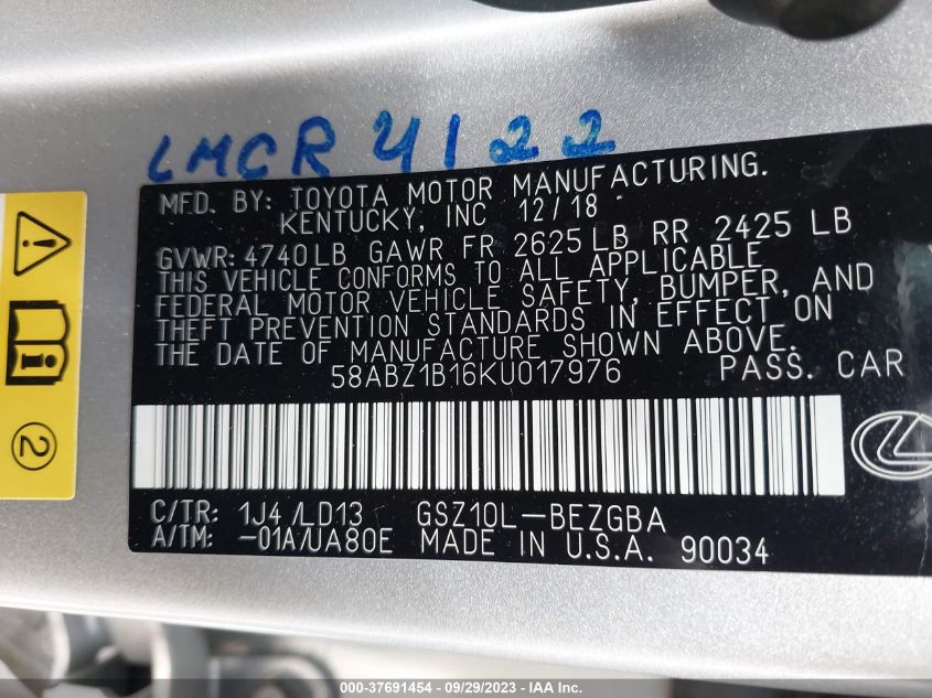 2019 LEXUS ES 350 - 58ABZ1B16KU017976