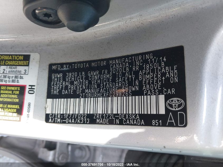 2015 TOYOTA COROLLA L/LE/S/S PLUS/LE PLUS - 2T1BURHEXFC298265