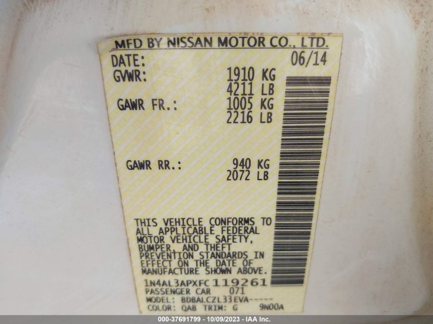 2015 NISSAN ALTIMA 2.5 S - 1N4AL3APXFC119261