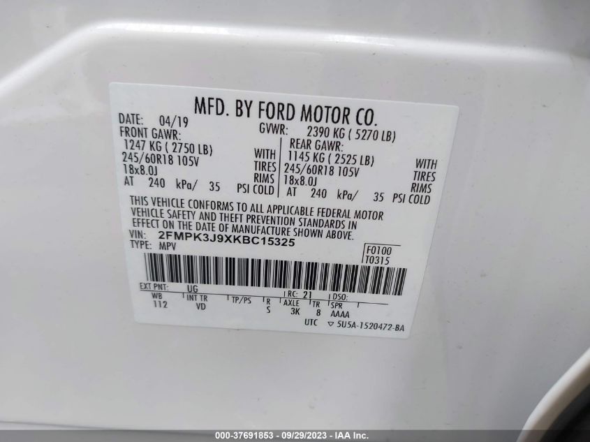 2019 FORD EDGE SEL - 2FMPK3J9XKBC15325