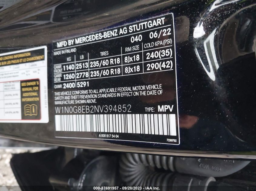 2022 MERCEDES-BENZ GLC GLC 300 - W1N0G8EB2NV394852
