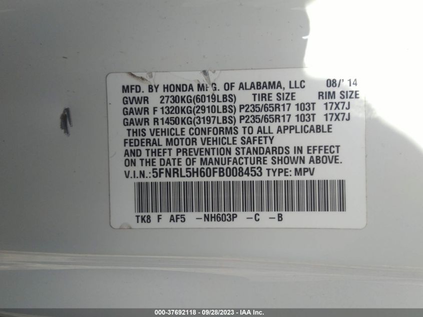 5FNRL5H60FB008453 2015 HONDA ODYSSEY, photo no. 9