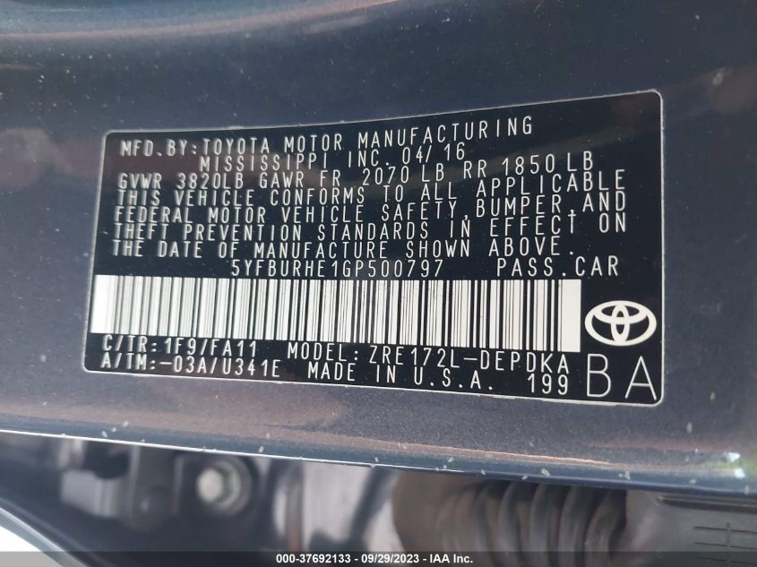2016 TOYOTA COROLLA L/LE/S/S PLUS/LE PLUS - 5YFBURHE1GP500797