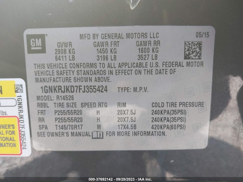 2015 CHEVROLET TRAVERSE LTZ - 1GNKRJKD7FJ355424