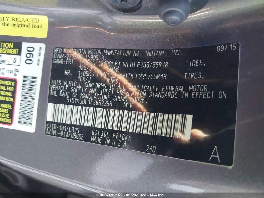 2015 TOYOTA SIENNA XLE/XLE AAS/LTD - 5TDYK3DC1FS662386