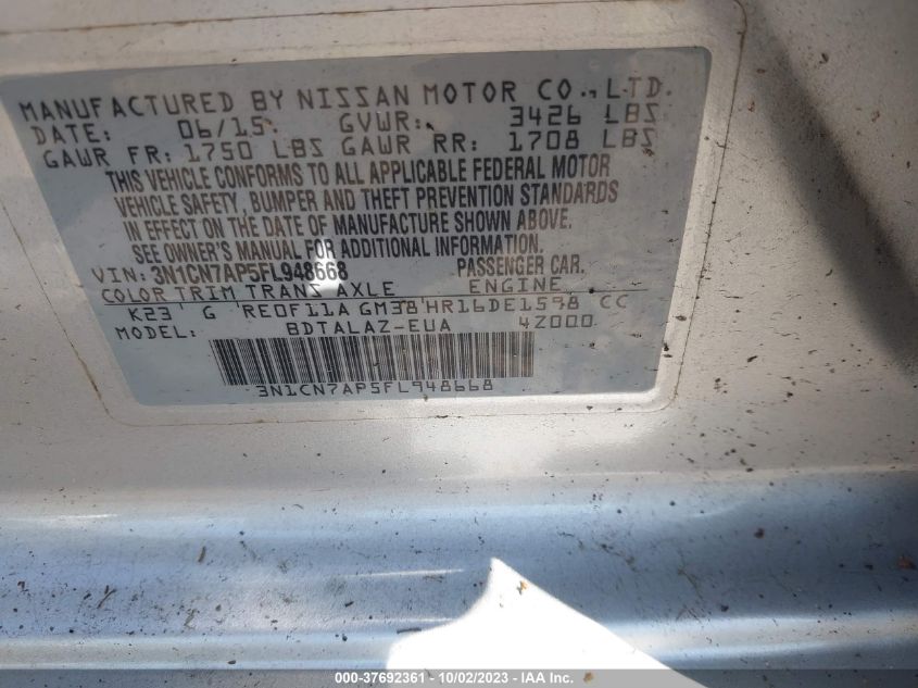 2015 NISSAN VERSA S PLUS - 3N1CN7AP5FL948668