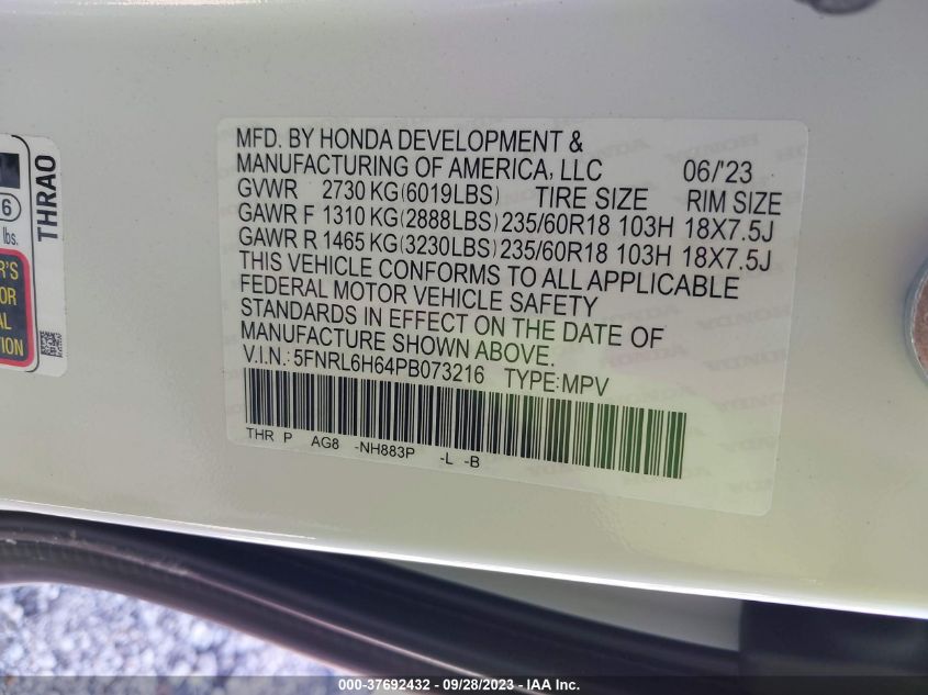 5FNRL6H64PB073216 Honda Odyssey EX-L 9