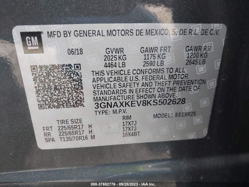 2019 CHEVROLET EQUINOX LT - 3GNAXKEV8KS502628