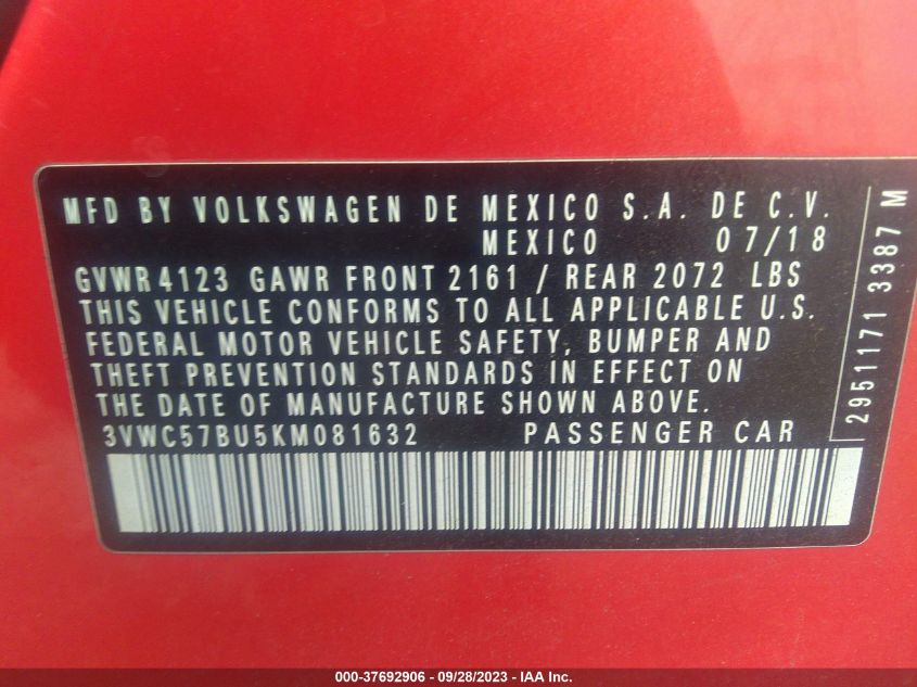 2019 VOLKSWAGEN JETTA S/SE/R-LINE - 3VWC57BU5KM081632