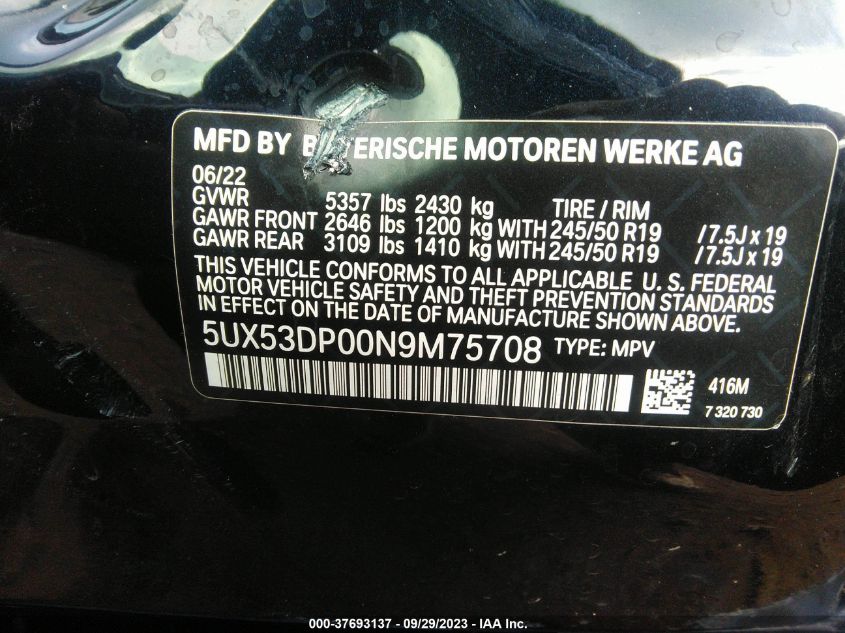 5UX53DP00N9M75708 2022 BMW X3, photo no. 9