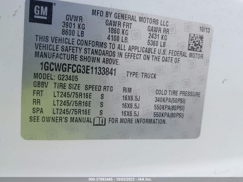 2014 CHEVROLET EXPRESS 2500 WORK VAN 1GCWGFCG3E1133841