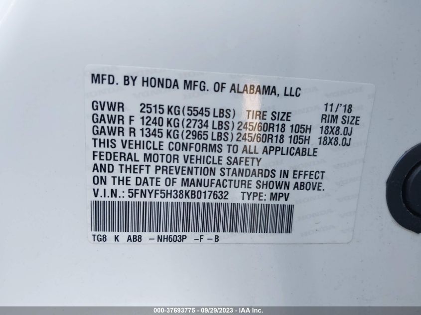 VIN 5FNYF5H38KB017632 2019 HONDA PILOT no.9