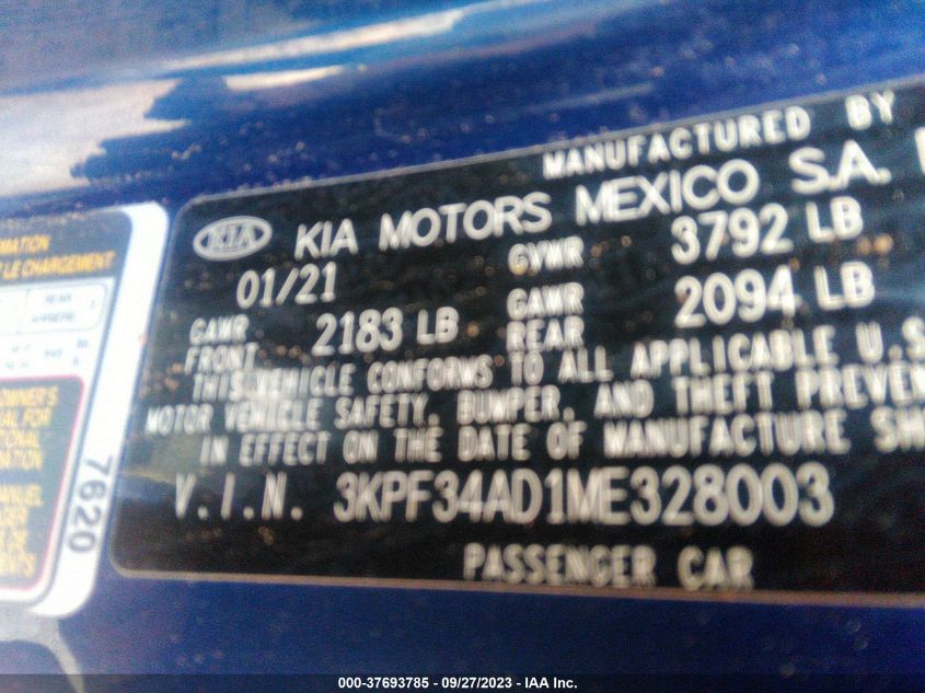 2021 KIA FORTE GT-LINE - 3KPF34AD1ME328003