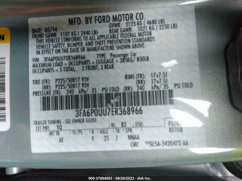 2014 FORD FUSION S HYBRID - 3FA6P0UU7ER368966