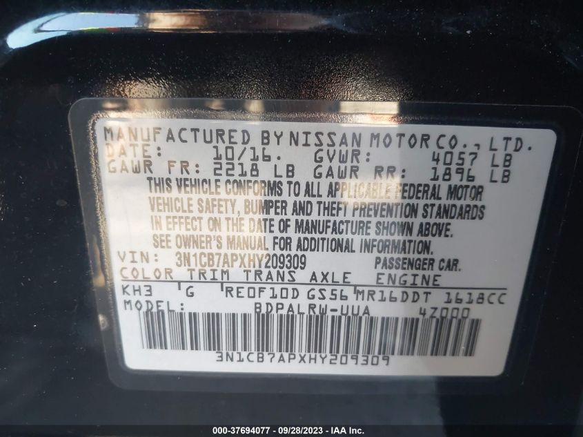 2017 NISSAN SENTRA SR TURBO - 3N1CB7APXHY209309