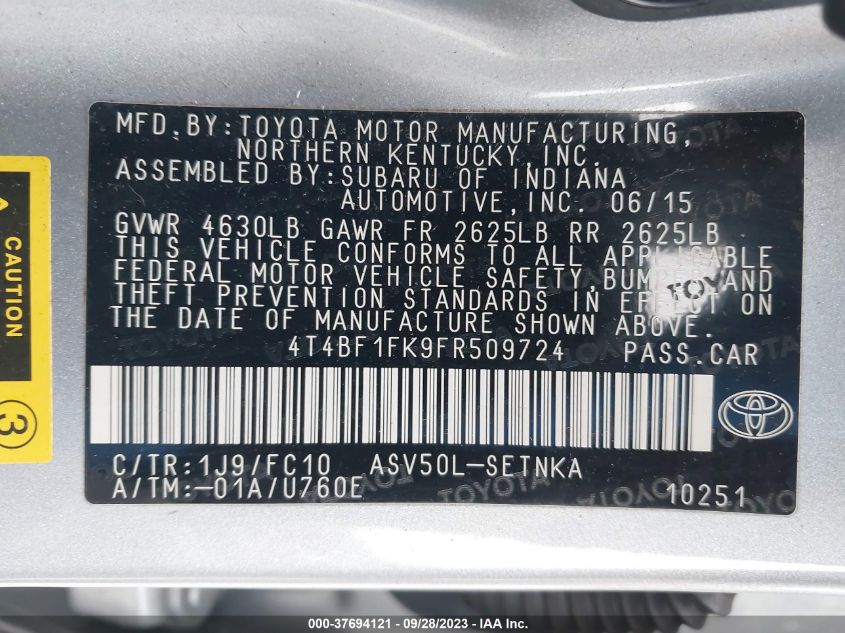 2015 TOYOTA CAMRY XLE/SE/LE/XSE - 4T4BF1FK9FR509724