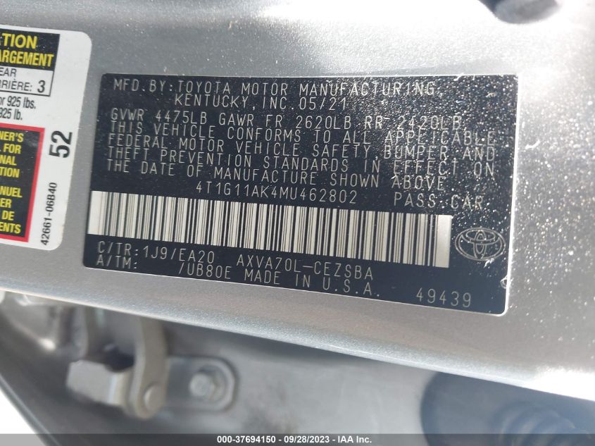 2021 TOYOTA CAMRY SE - 4T1G11AK4MU462802