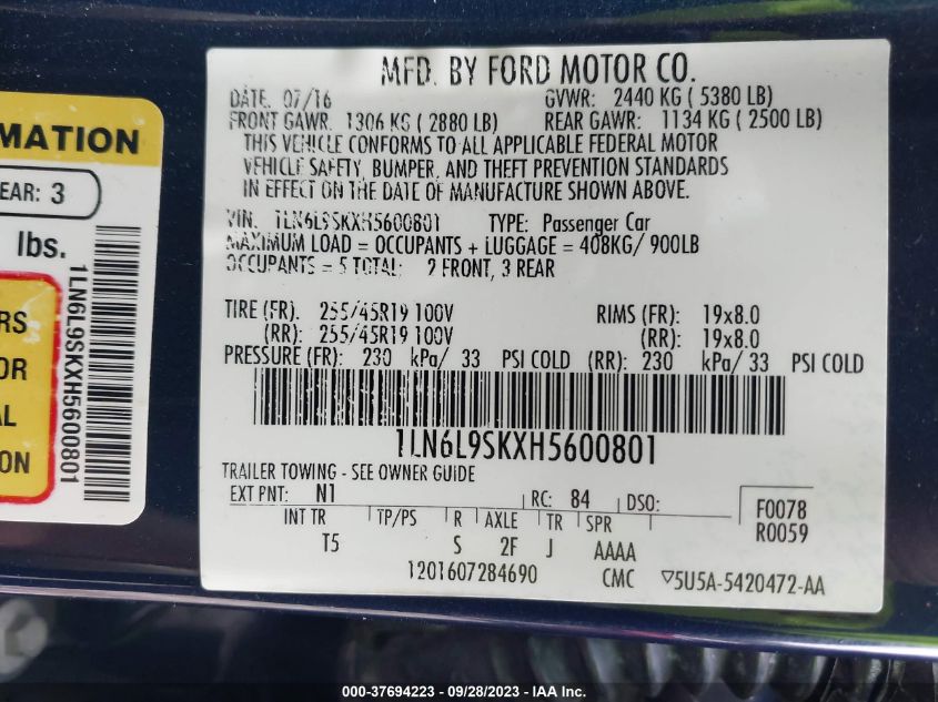 2017 LINCOLN CONTINENTAL SELECT - 1LN6L9SKXH5600801