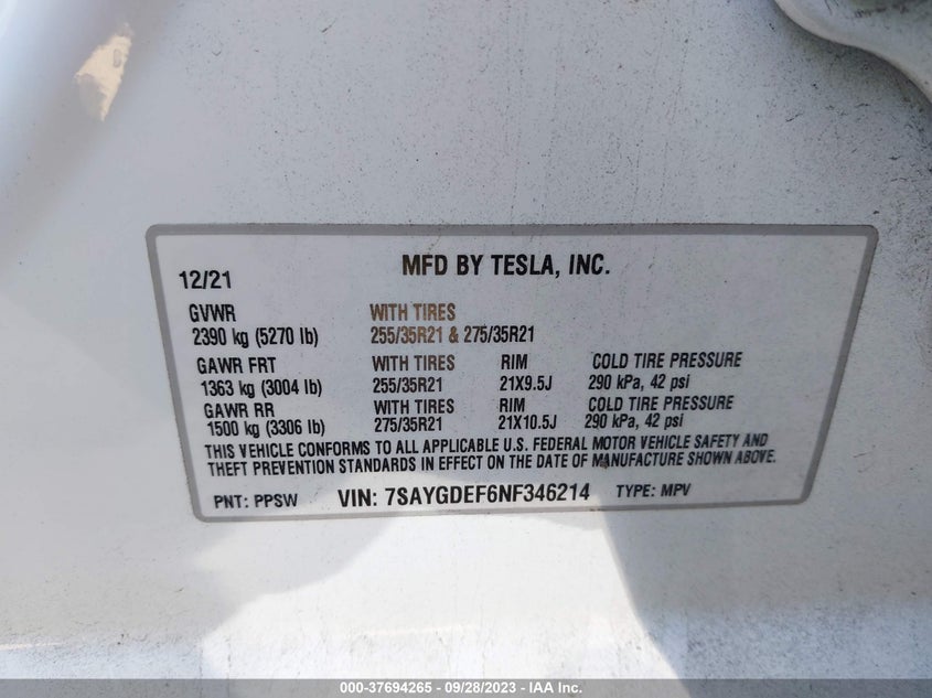 VIN 7SAYGDEF6NF346214 2022 TESLA MODEL Y PERFORMANCE