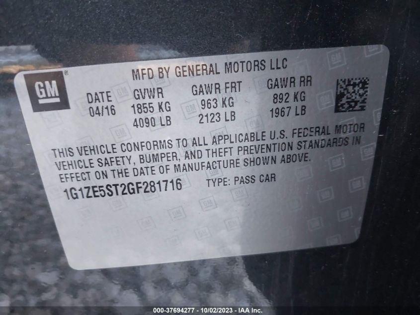 2016 CHEVROLET MALIBU LT - 1G1ZE5ST2GF281716