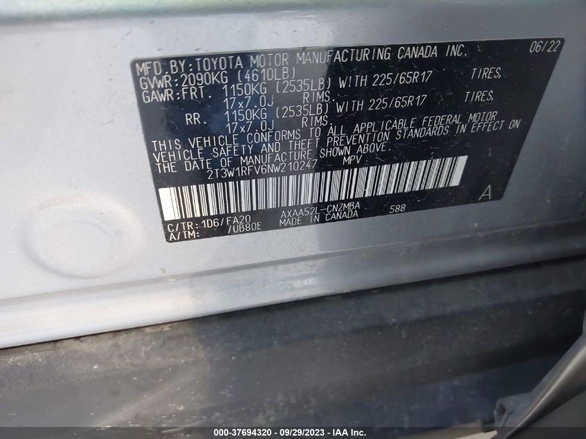 2022 TOYOTA RAV4 XLE/XLE PREMIUM - 2T3W1RFV6NW210247