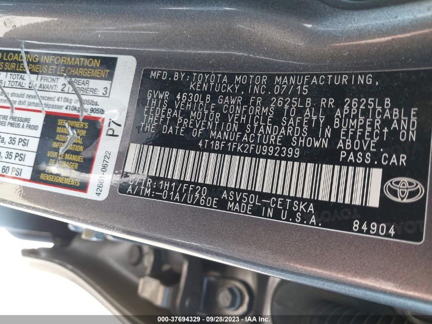 2015 TOYOTA CAMRY XLE/SE/LE/XSE - 4T1BF1FK2FU992399