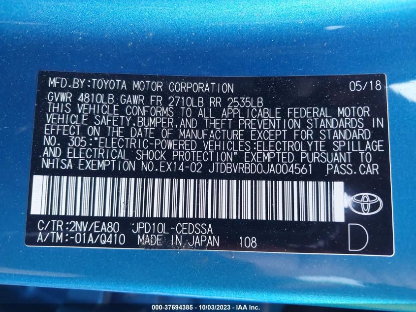 2018 TOYOTA MIRAI JTDBVRBD0JA004561