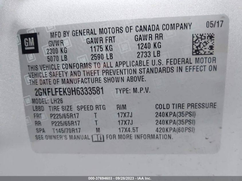 2017 CHEVROLET EQUINOX LT - 2GNFLFEK9H6333581