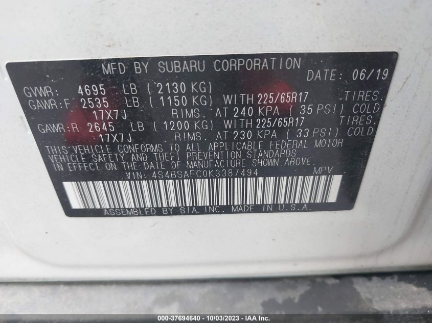 VIN 4S4BSAFC0K3387494 2019 SUBARU OUTBACK PREMIUM
