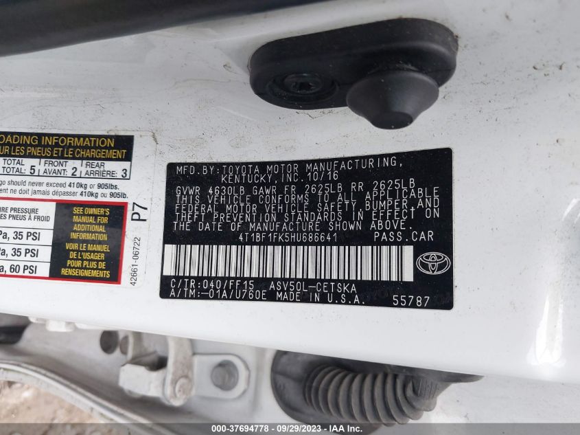 2017 TOYOTA CAMRY XLE/SE/LE/XSE - 4T1BF1FK5HU686641