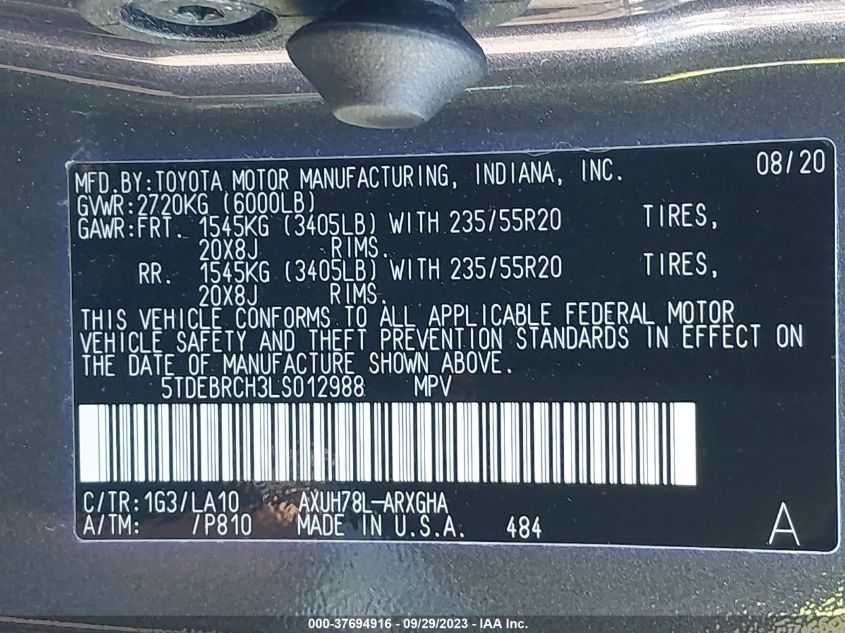 2020 TOYOTA HIGHLANDER HYBRID PLATINUM - 5TDEBRCH3LS012988