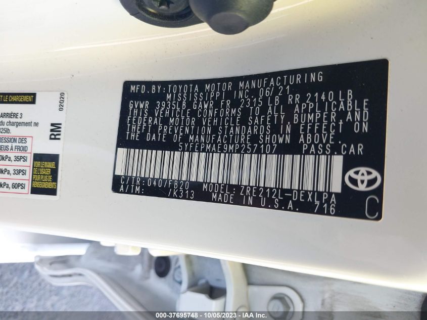 VIN 5YFEPMAE9MP257107 2021 TOYOTA COROLLA LE