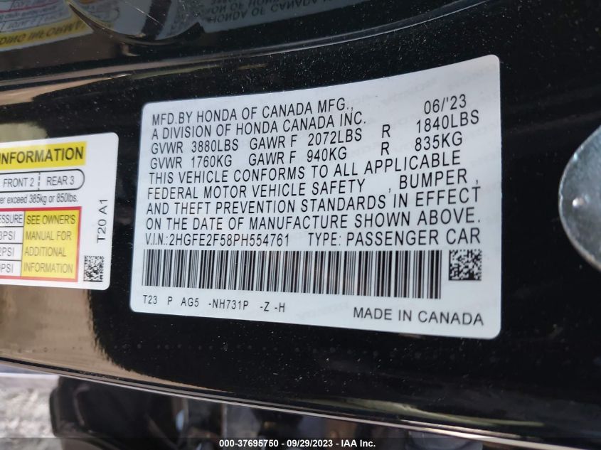 2HGFE2F58PH554761 Honda Civic Sedan SPORT 9