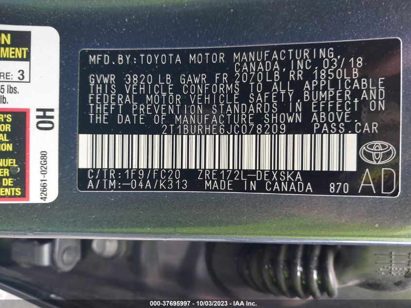 2018 TOYOTA COROLLA L/LE/XLE/SE/XSE - 2T1BURHE6JC078209