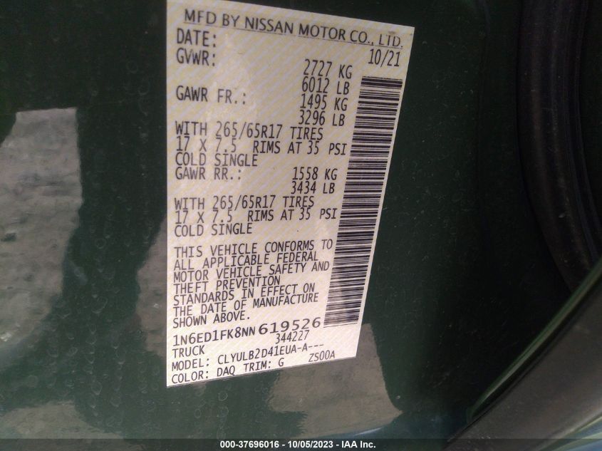 2022 NISSAN FRONTIER SV - 1N6ED1FK8NN619526