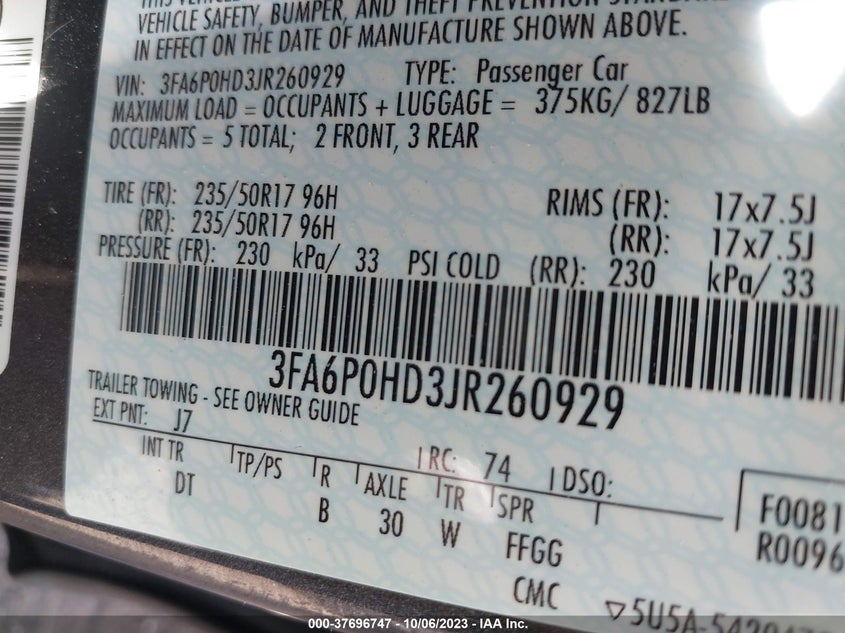 VIN 3FA6P0HD3JR260929 2018 FORD FUSION SE