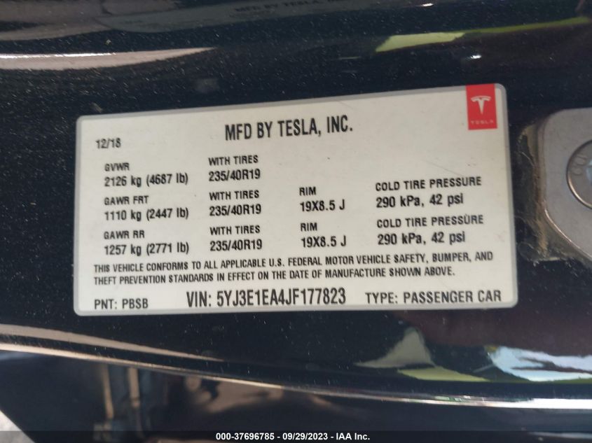 2018 TESLA MODEL 3 RANGE BATTERY - 5YJ3E1EA4JF177823