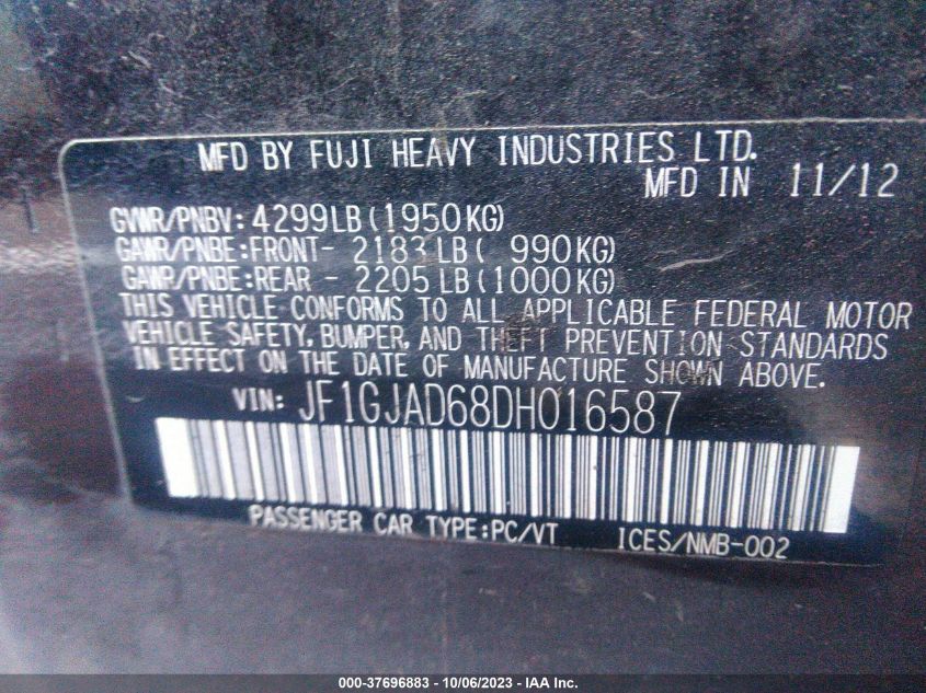 2013 SUBARU IMPREZA SEDAN PREMIUM JF1GJAD68DH016587
