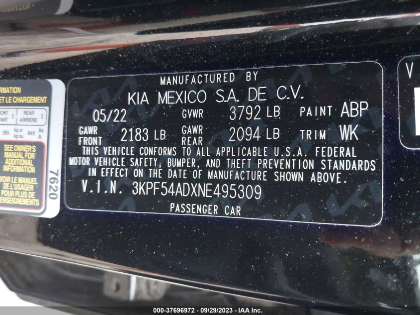 2022 KIA FORTE GT-LINE - 3KPF54ADXNE495309