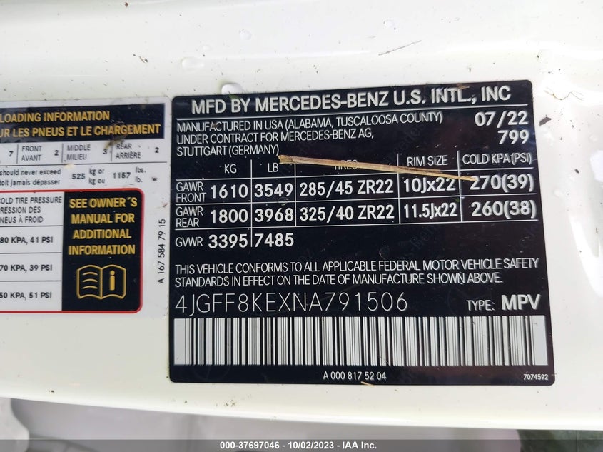 Auction sale of the 2022 Mercedes Benz GLS , vin: 4JGFF8KEXNA791506, lot number: 37697046