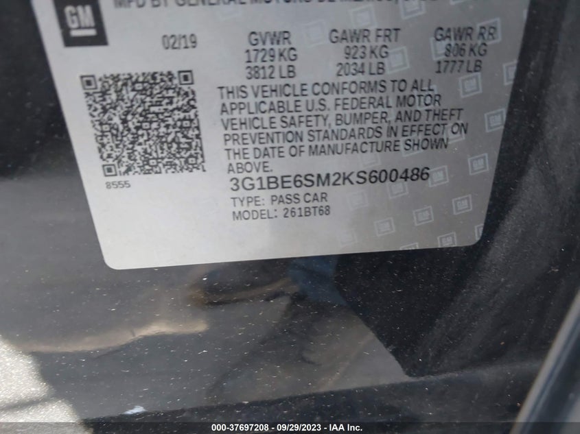 VIN 3G1BE6SM2KS600486 2019 CHEVROLET CRUZE LT