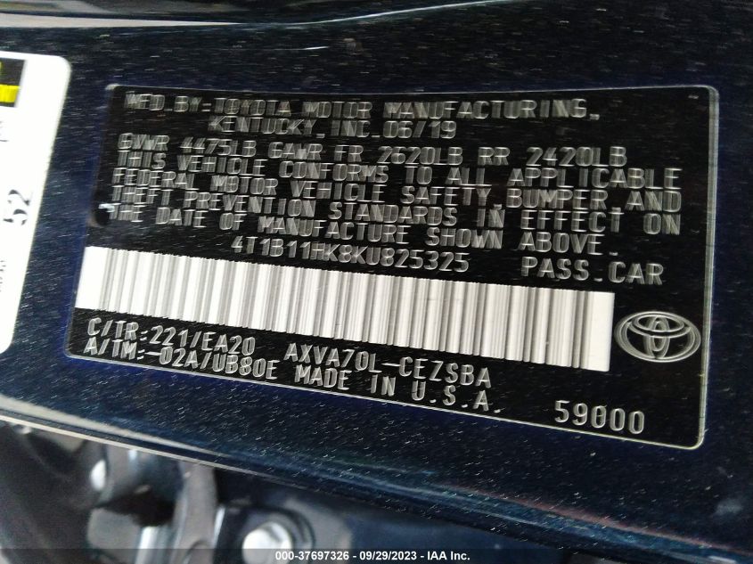2019 TOYOTA CAMRY L/LE/XLE/SE/XSE - 4T1B11HK8KU825325