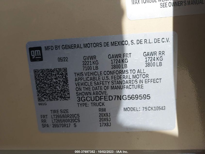 2022 CHEVROLET SILVERADO 1500 LT TRAIL BOSS - 3GCUDFED7NG569595