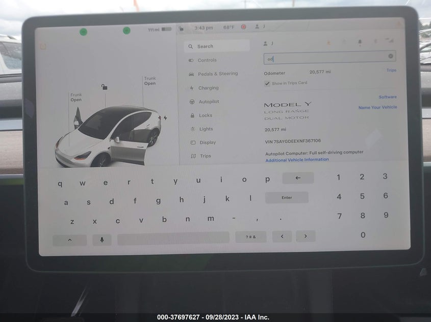VIN 7SAYGDEEXNF367106 2022 TESLA MODEL Y LONG RANGE