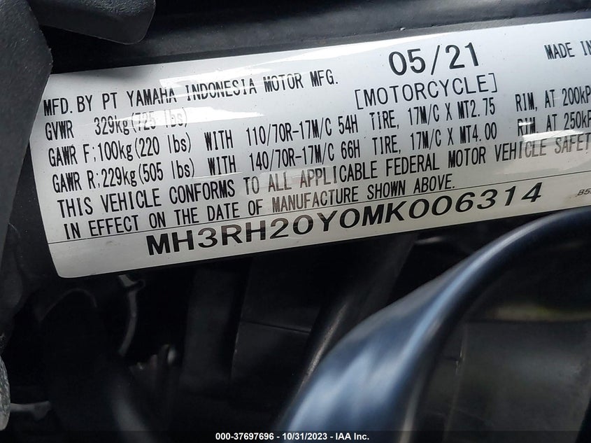 VIN MH3RH20Y0MK006314 2021 YAMAHA MT-03