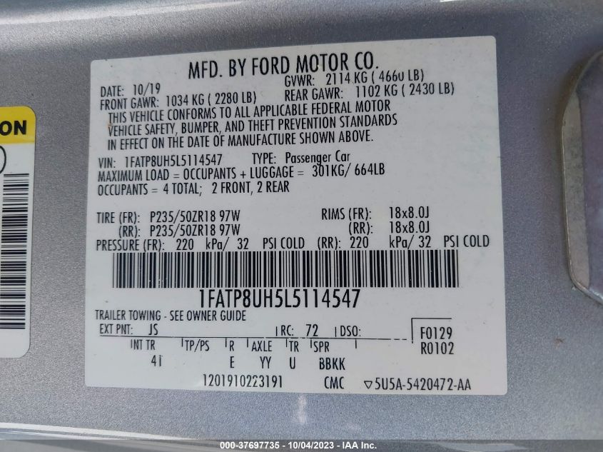 VIN 1FATP8UH5L5114547 2020 FORD MUSTANG ECOBOOST
